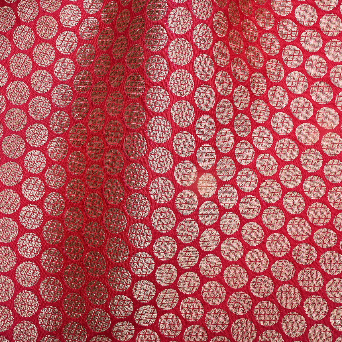 Crimson Red Gold Zari Butti Motif Jamawar Silk Fabric