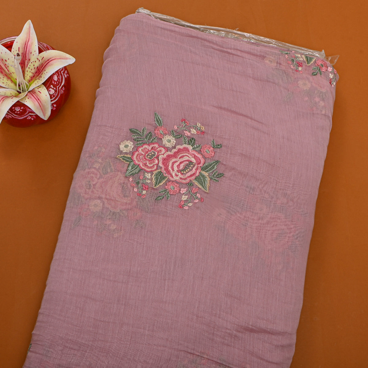 Dusty Rose Thread Work Floral Butti Chanderi Fabric