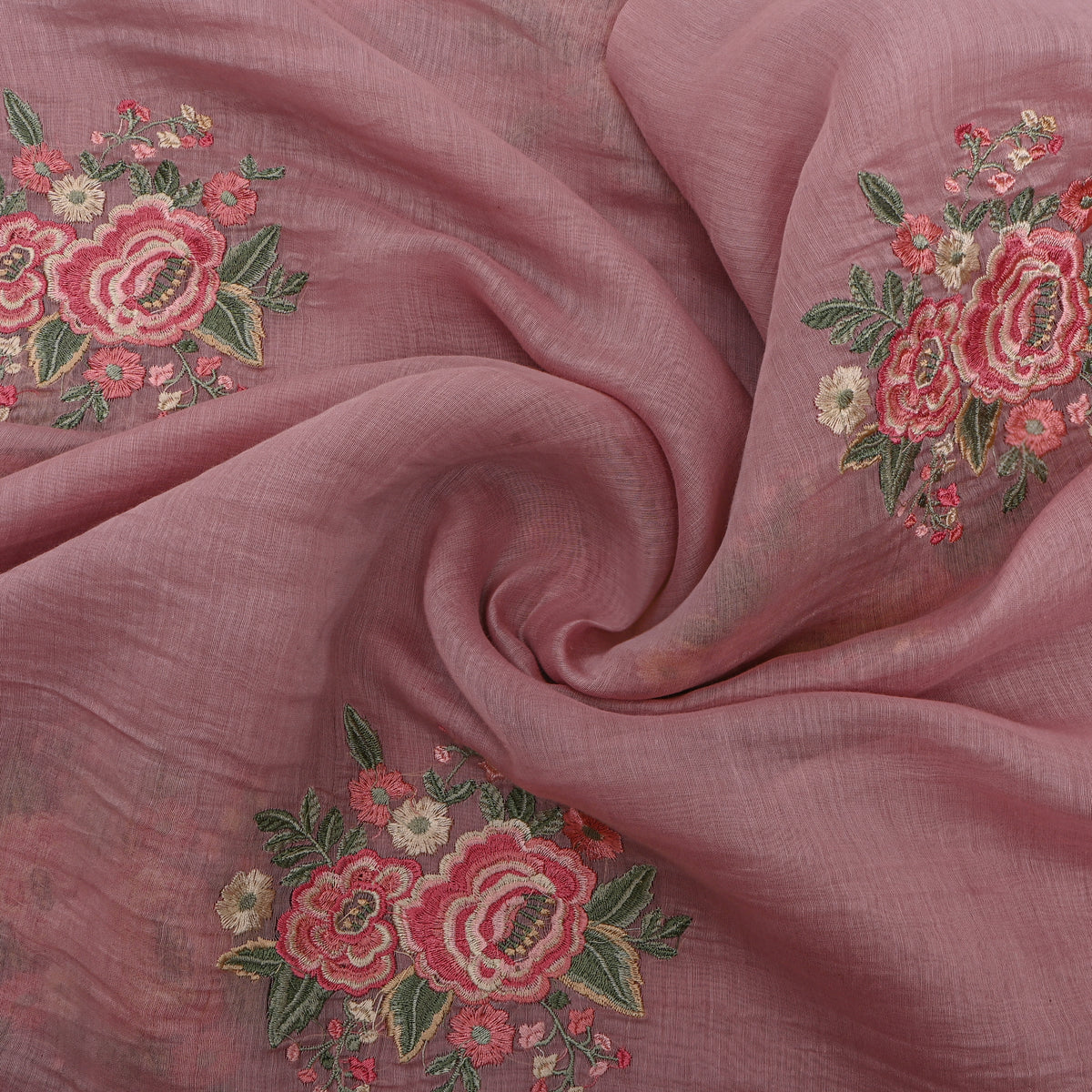 Dusty Rose Thread Work Floral Butti Chanderi Fabric