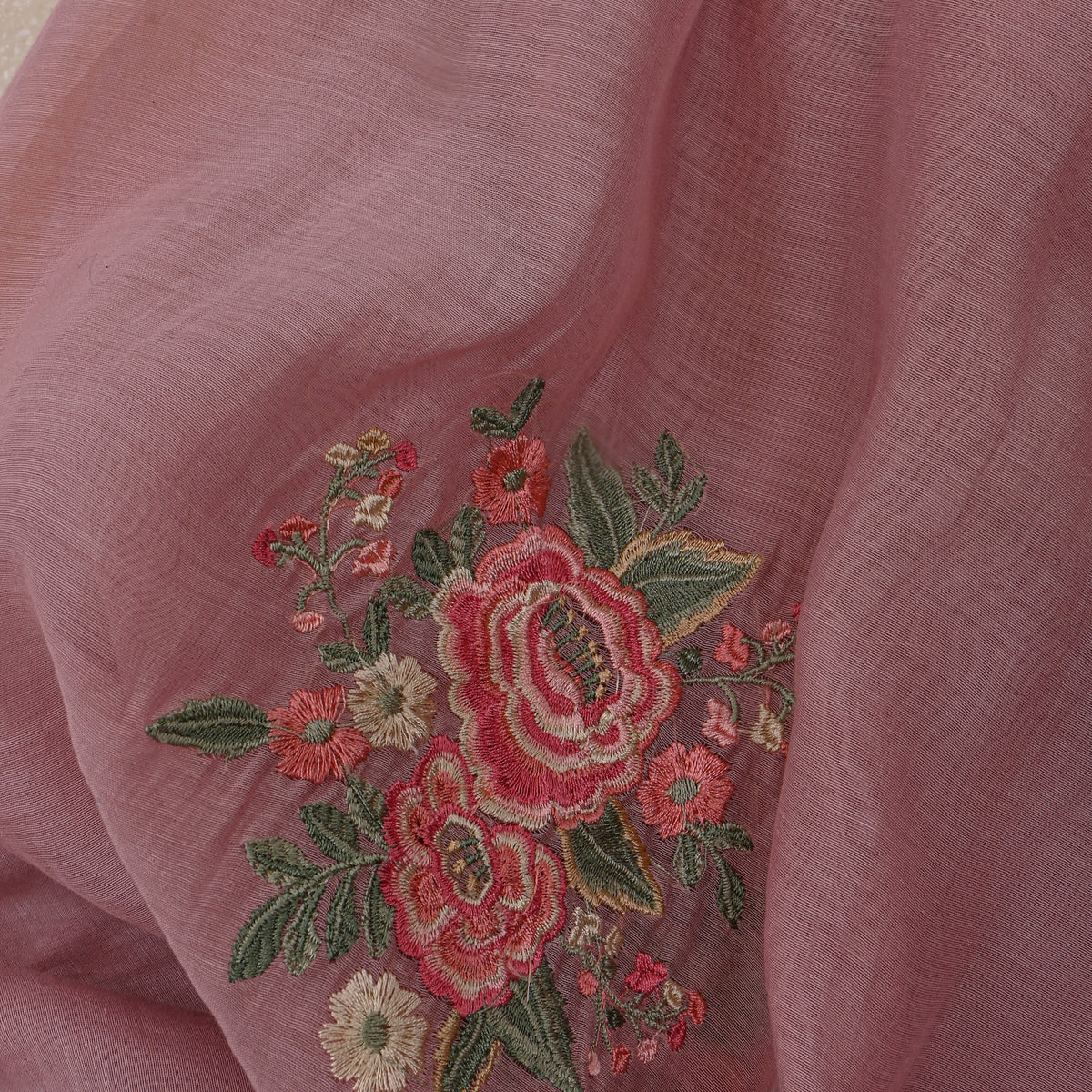 Dusty Rose Thread Work Floral Butti Chanderi Fabric