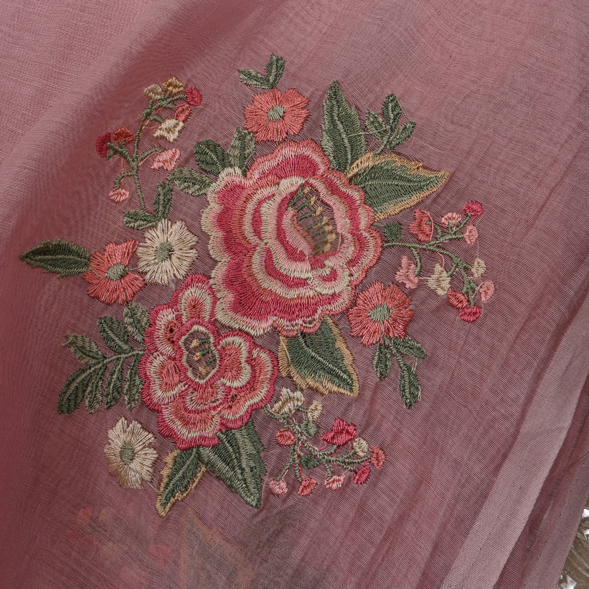 Dusty Rose Thread Work Floral Butti Chanderi Fabric