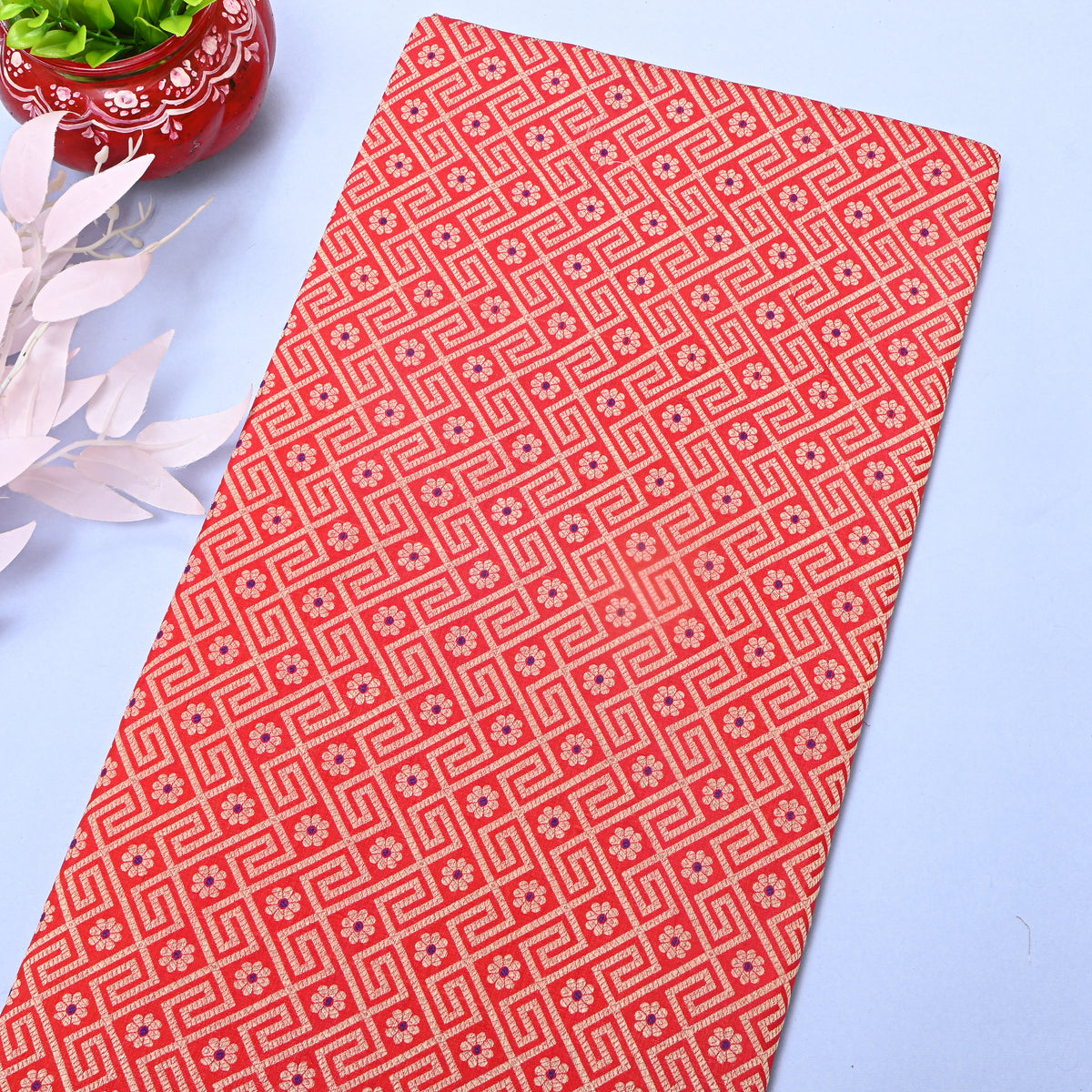 Bright Orange Gold Zari Geometric Motif Jamawar Silk Fabric