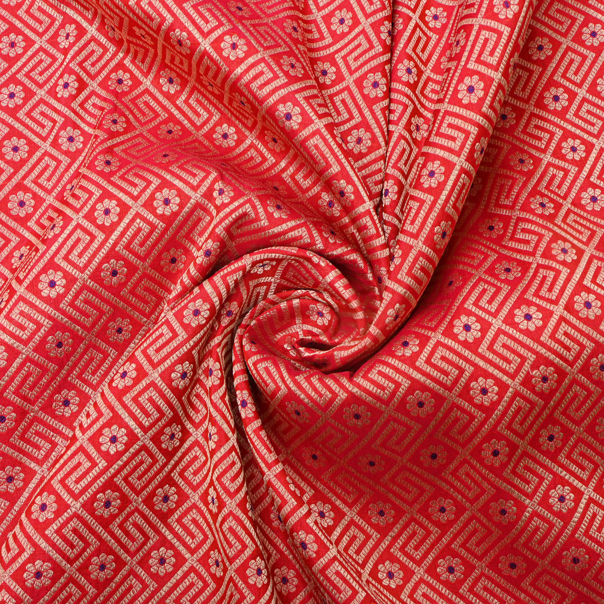 Bright Orange Gold Zari Geometric Motif Jamawar Silk Fabric