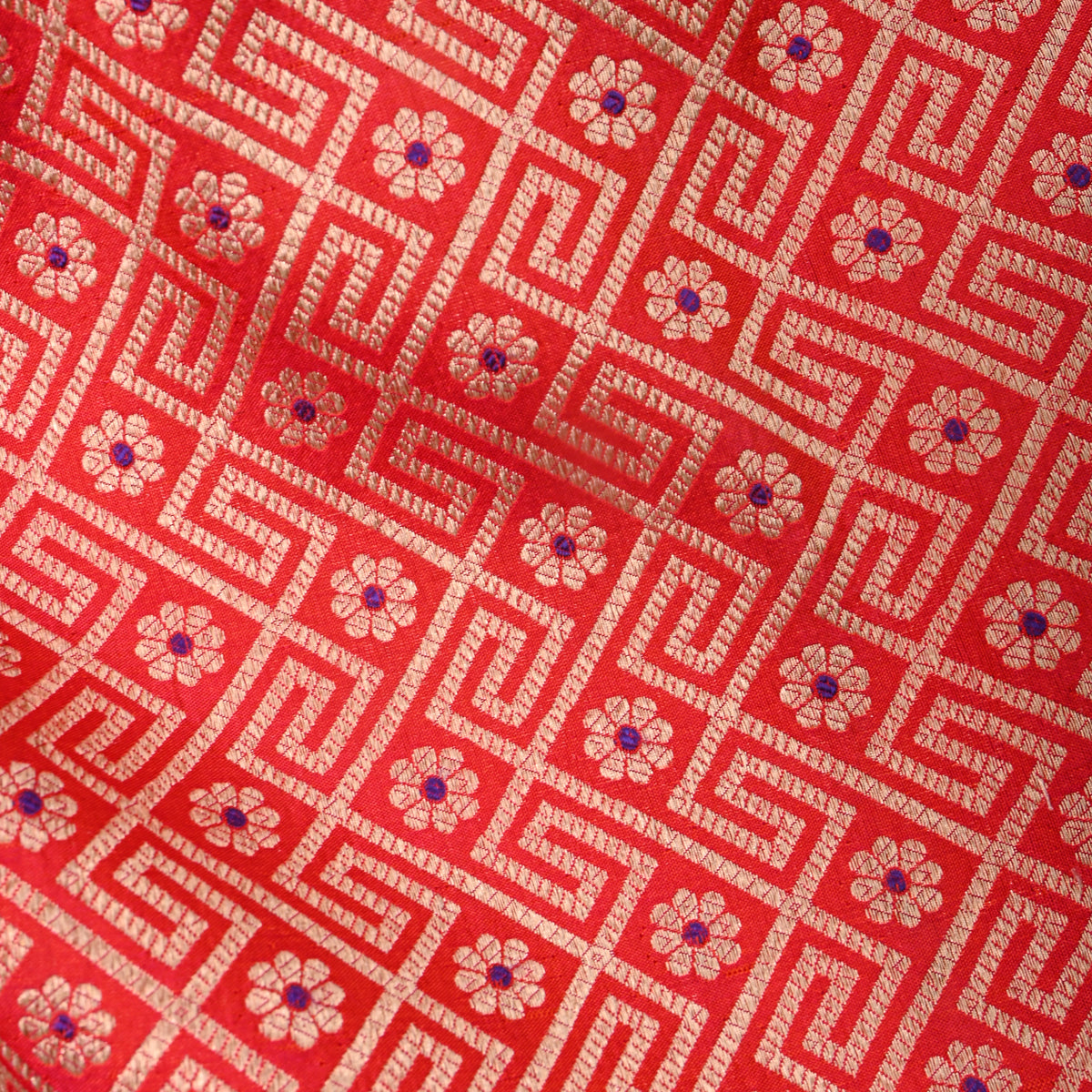 Bright Orange Gold Zari Geometric Motif Jamawar Silk Fabric