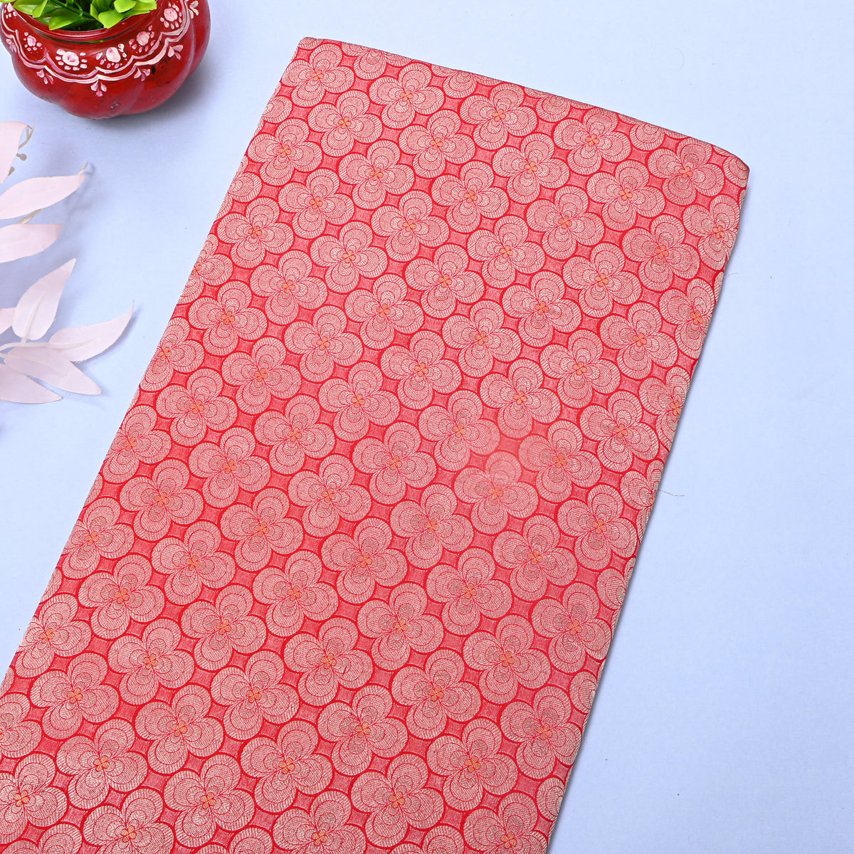 Coral Red Silver Zari Weave Jamawar Silk Fabric