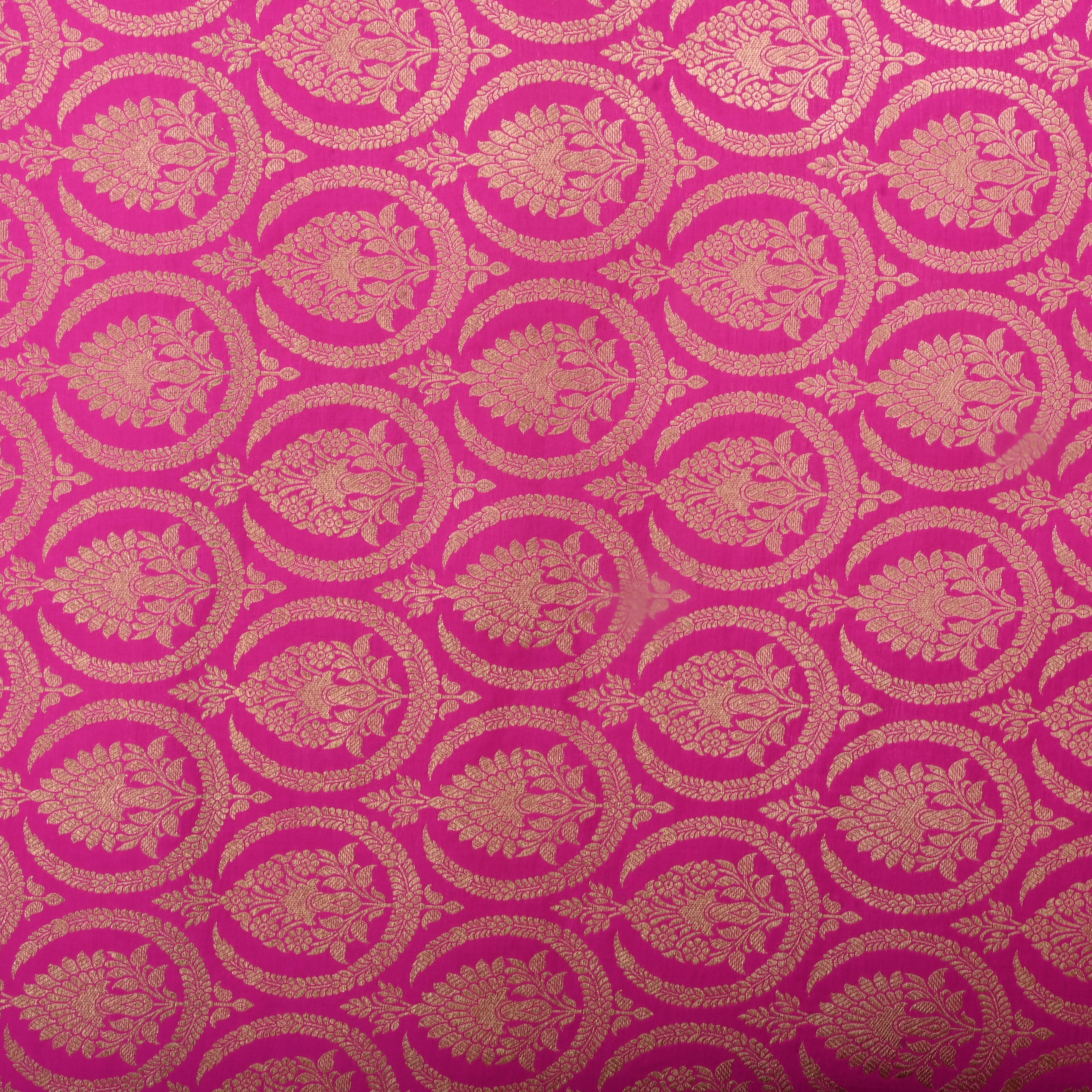 Vivid Cerise Pink Jamawar Silk Fabric With Geometrical Figures