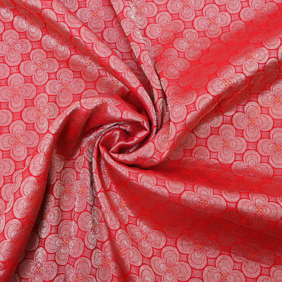 Coral Red Silver Zari Weave Jamawar Silk Fabric