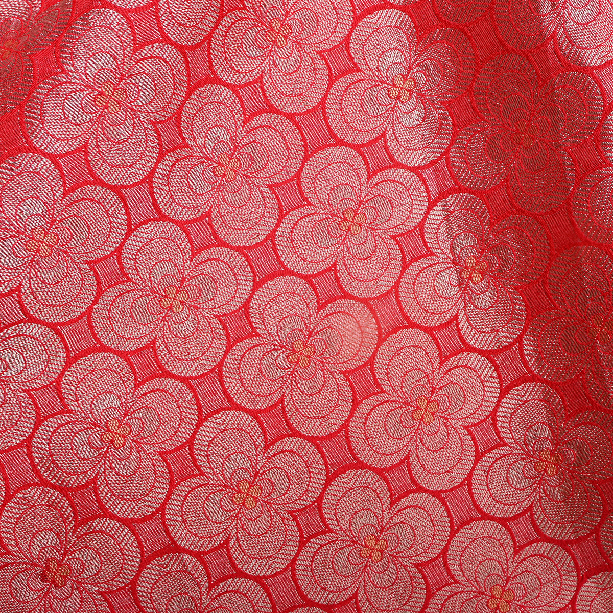 Coral Red Silver Zari Weave Jamawar Silk Fabric