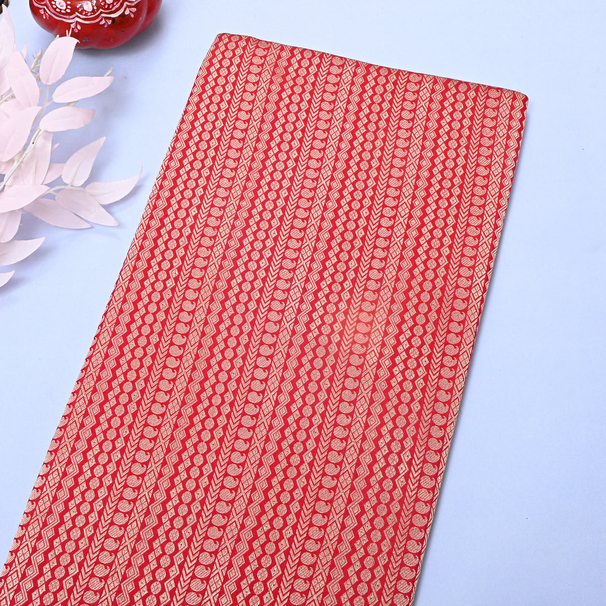 Scarlet Red Gold Zari Striped Jamawar Silk Fabric