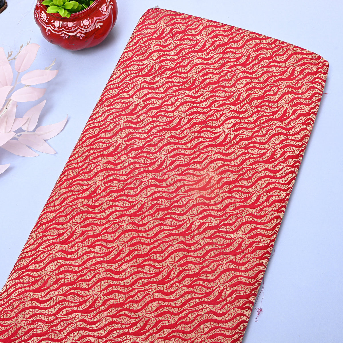 Red Self Gold Zari Weave Jamawar Silk Fabric