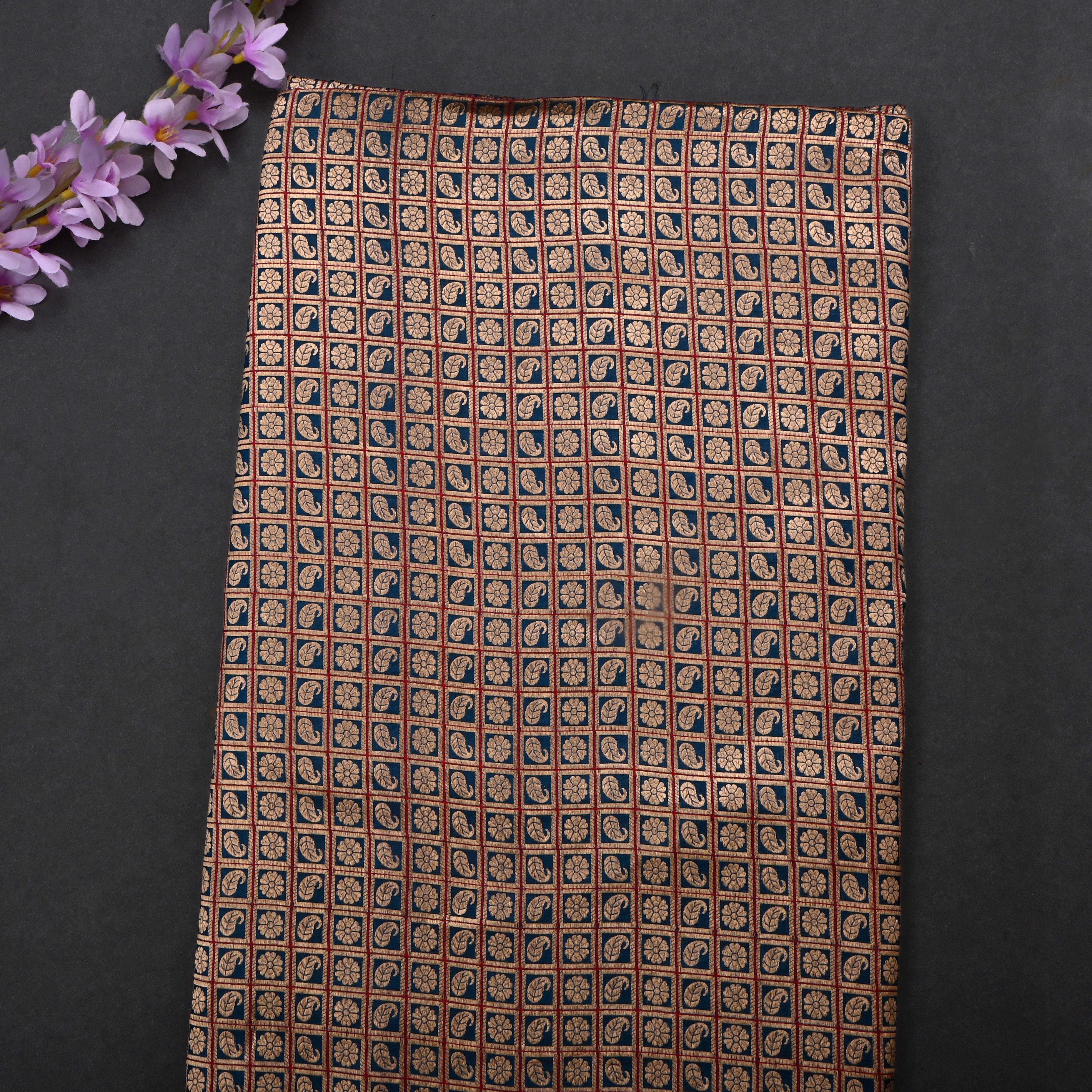 Crystal Teal Jamawar Silk Fabric With Checks Pattern