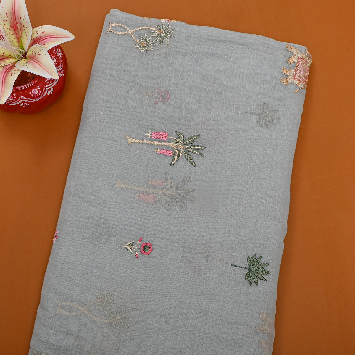 Gray Thread Work Butti Chanderi Fabric