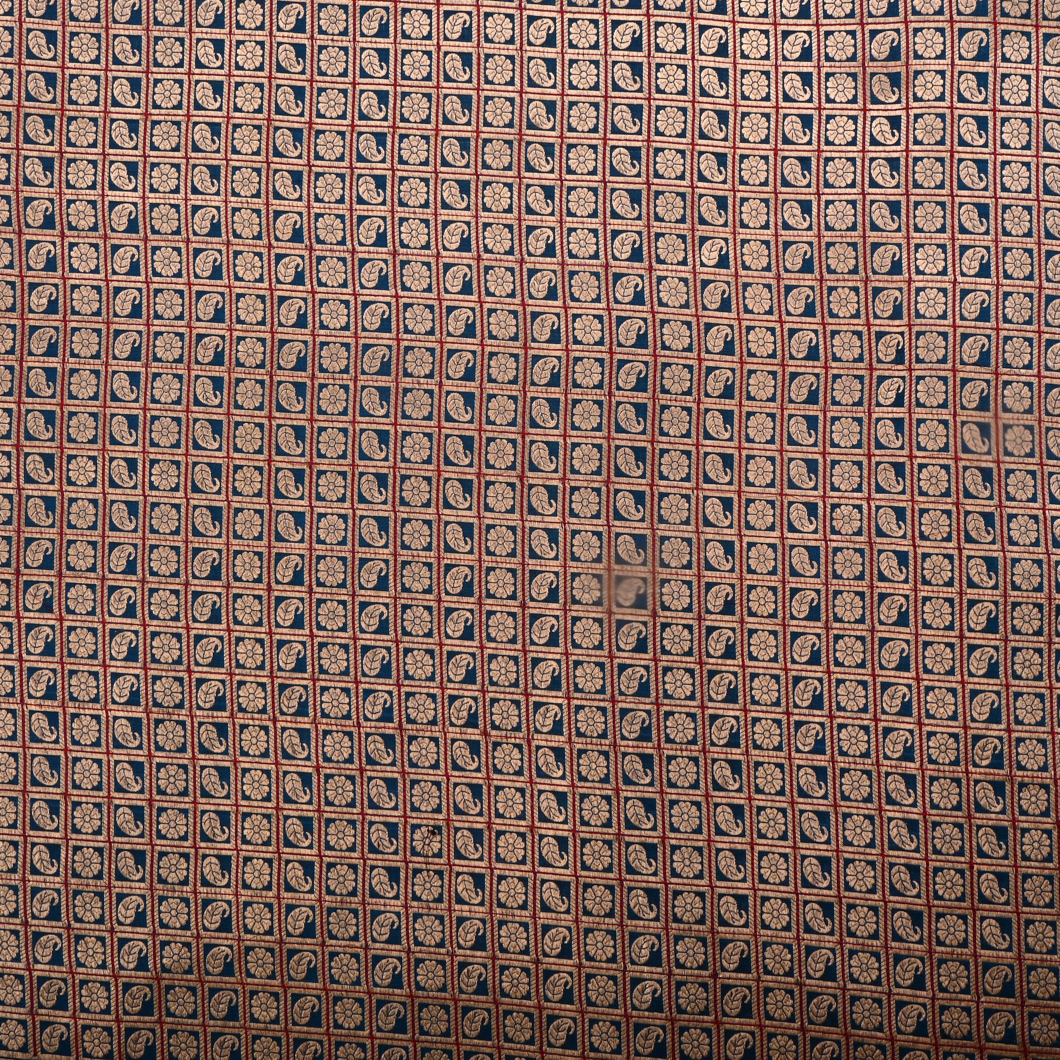 Crystal Teal Jamawar Silk Fabric With Checks Pattern