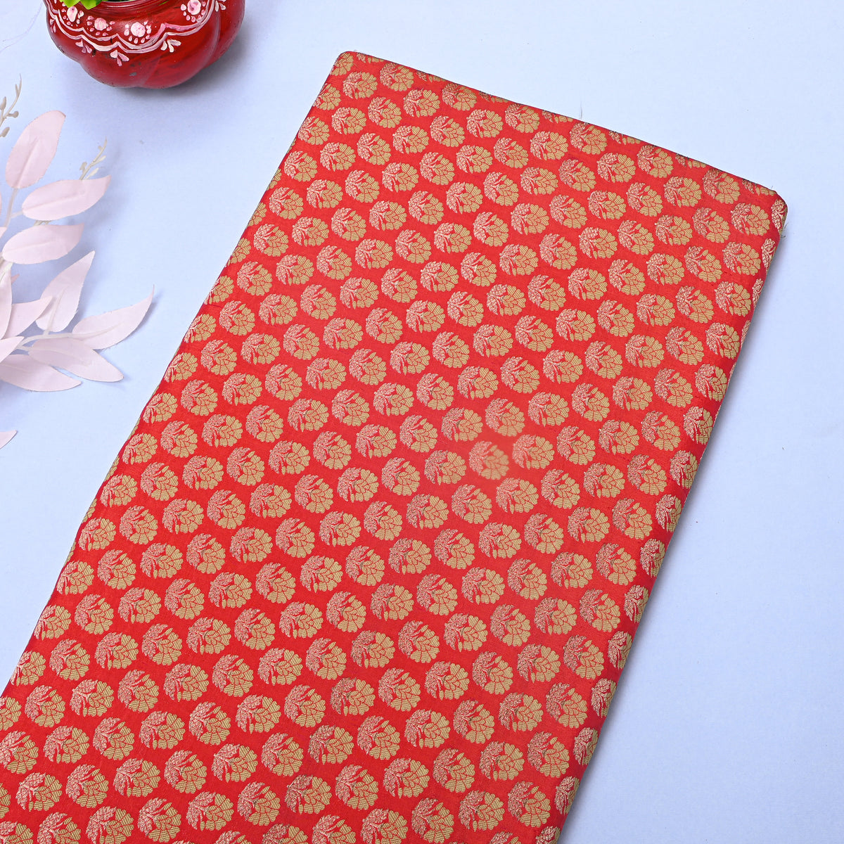 Orange Gold Zari Floral Butti Jamawar Silk Fabric