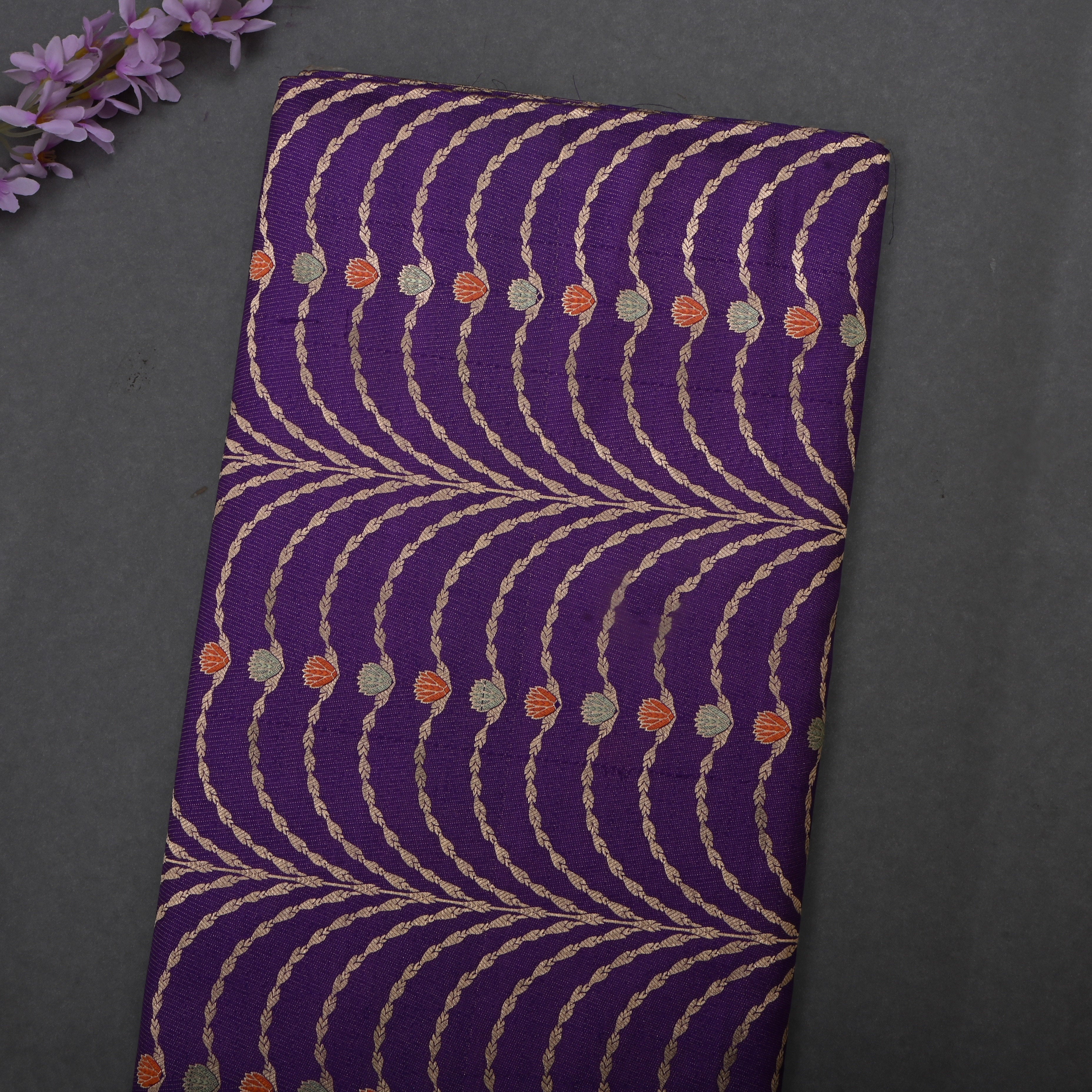 Purple Jamawar Silk Fabric With Lotus Motifs