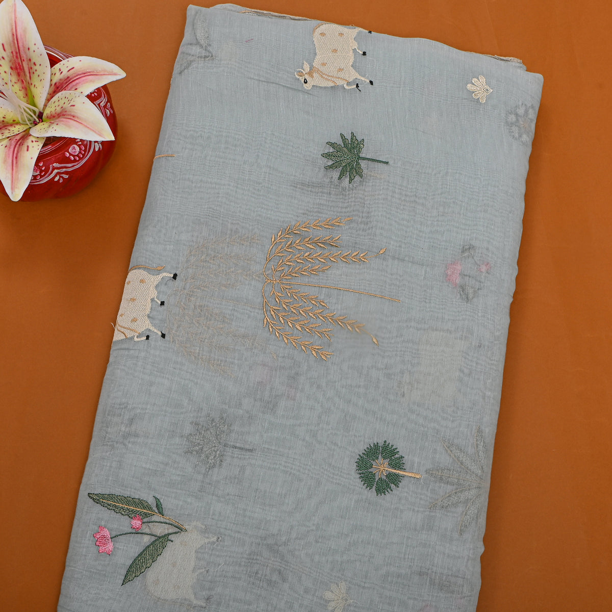 Powder Blue Thread Work Anamil Motif Chanderi Fabric