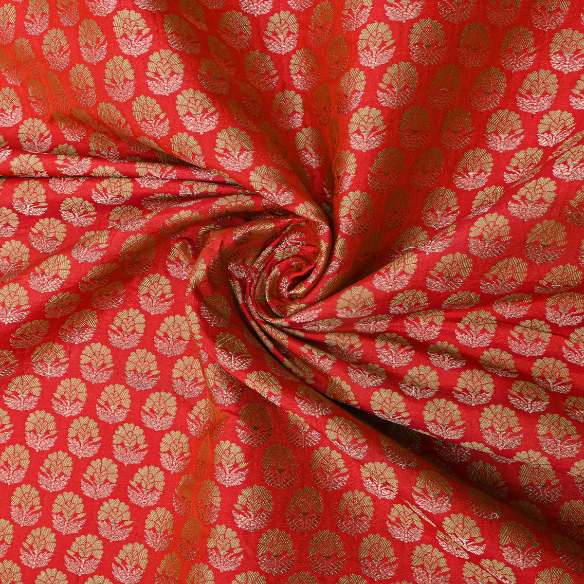 Orange Gold Zari Floral Butti Jamawar Silk Fabric