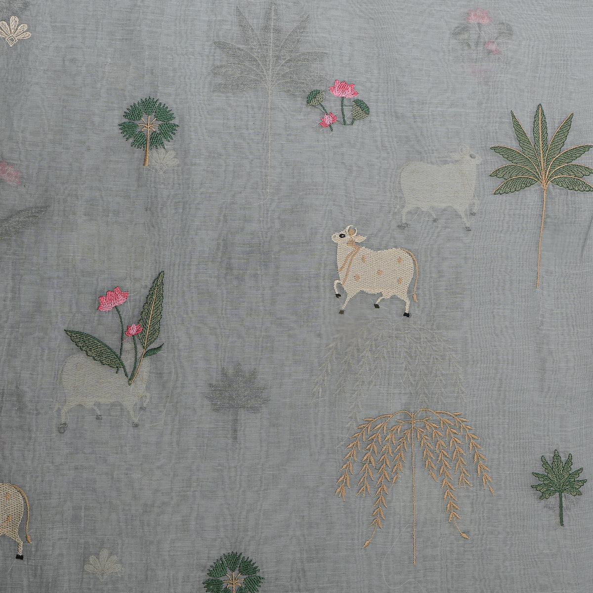 Powder Blue Thread Work Anamil Motif Chanderi Fabric