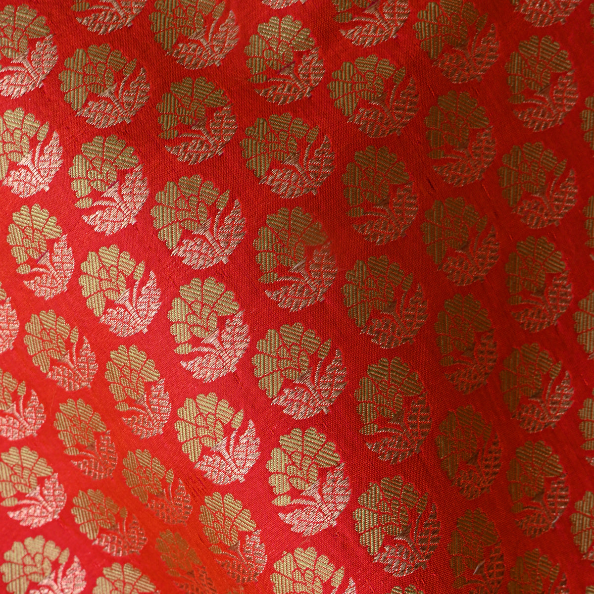 Orange Gold Zari Floral Butti Jamawar Silk Fabric