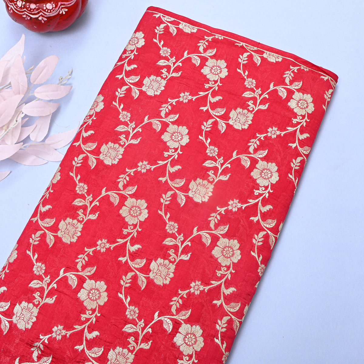 Red Gold Zari Floral Jaal Banarasi Silk Fabric