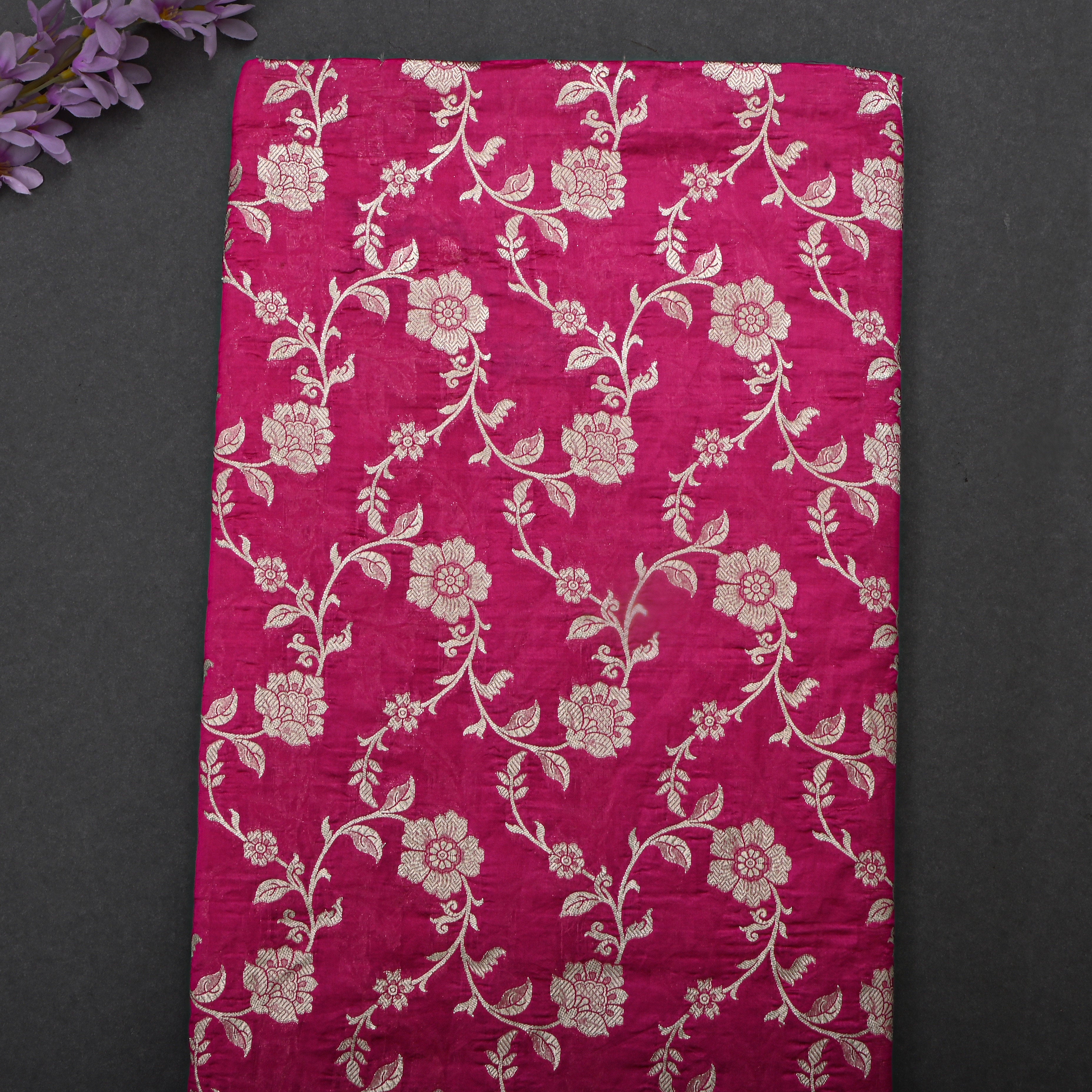 Burnt Pink Jamawar Silk Fabric With Floral Jaal