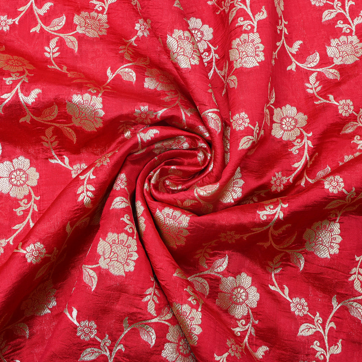 Red Gold Zari Floral Jaal Banarasi Silk Fabric