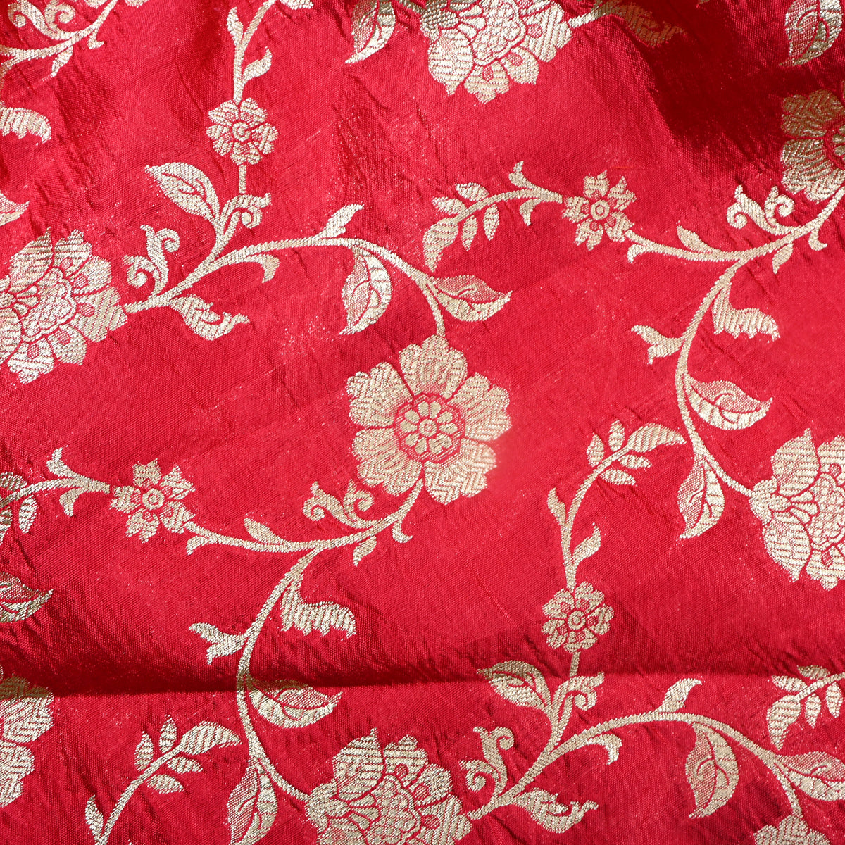 Red Gold Zari Floral Jaal Banarasi Silk Fabric