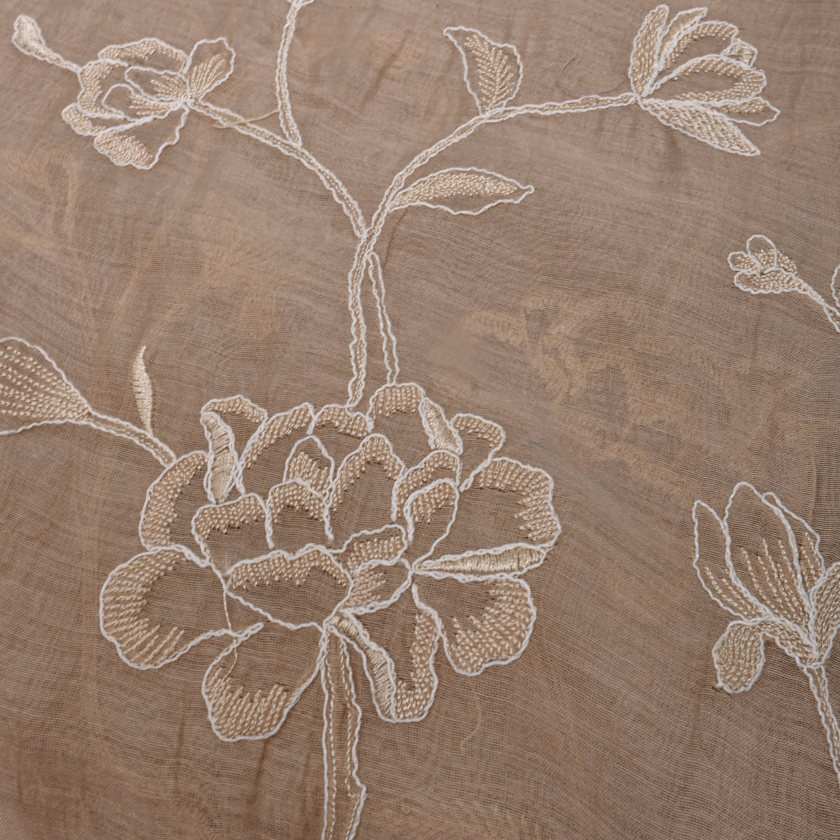 Light Beige Thread Work Floral Jaal Embroidery Chanderi Fabric