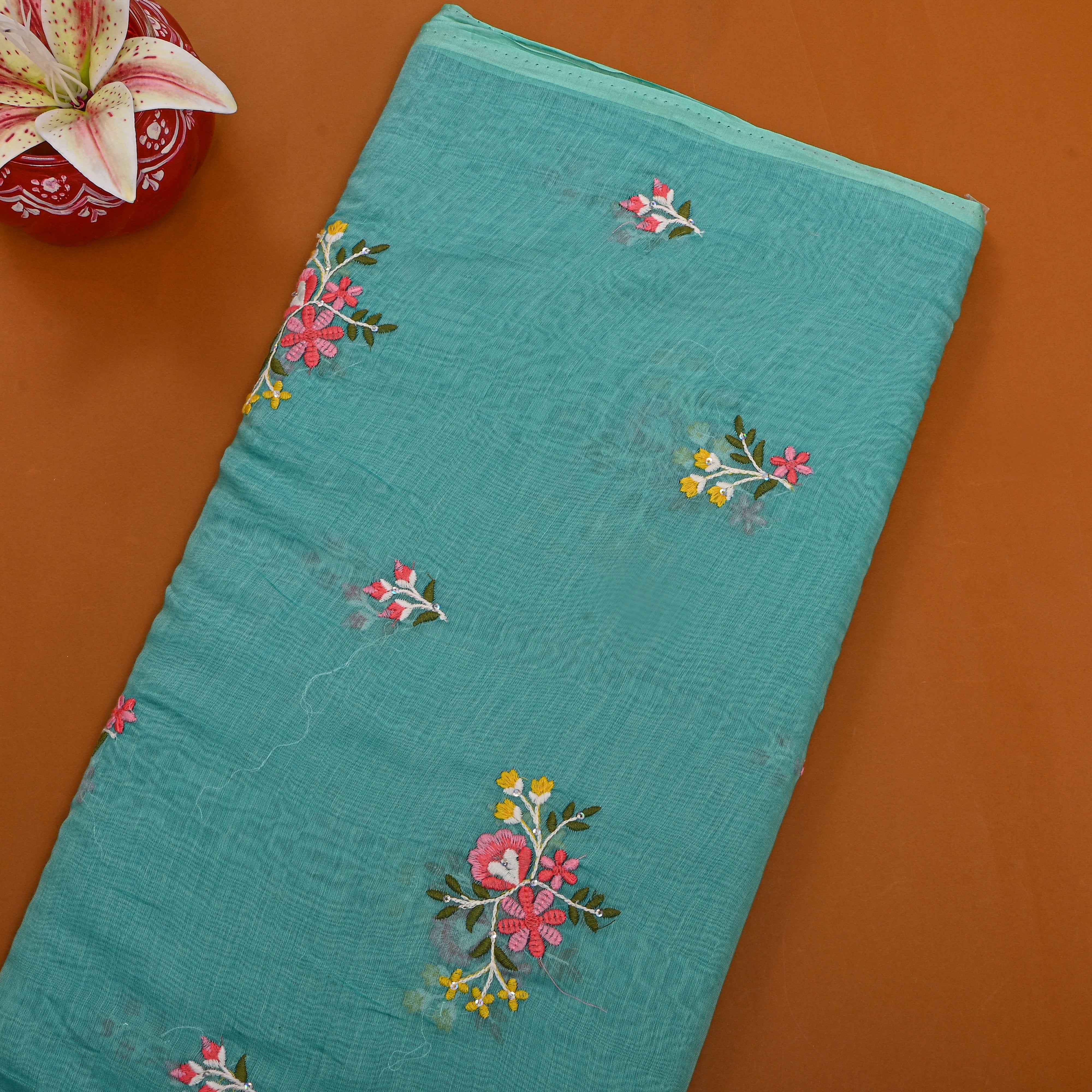 Bright Green Chanderi With Floral Butti