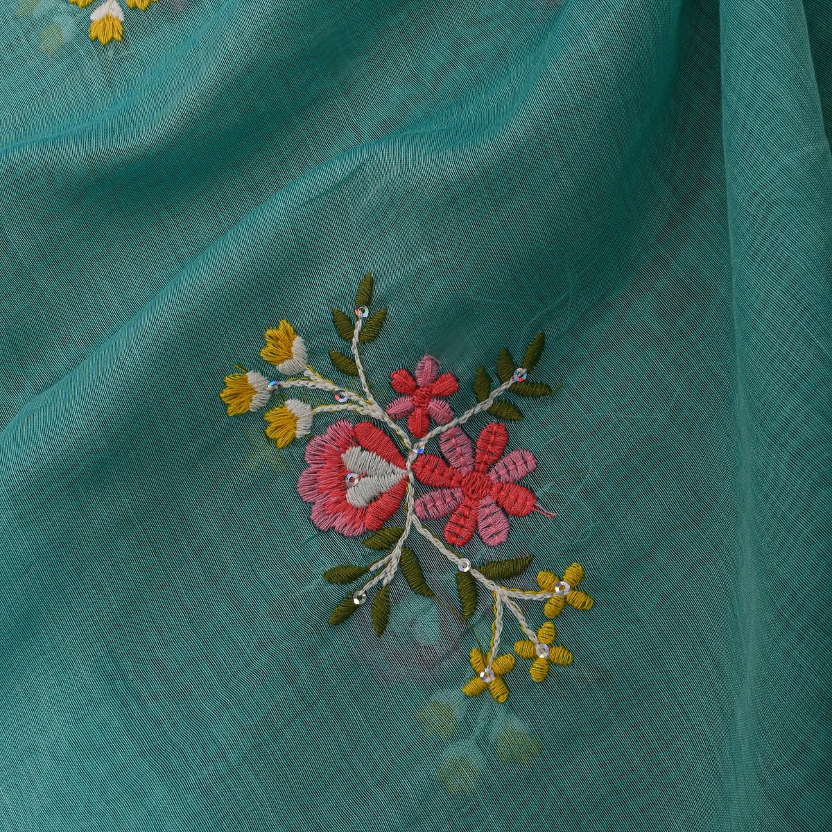 Bright Green Chanderi With Floral Butti