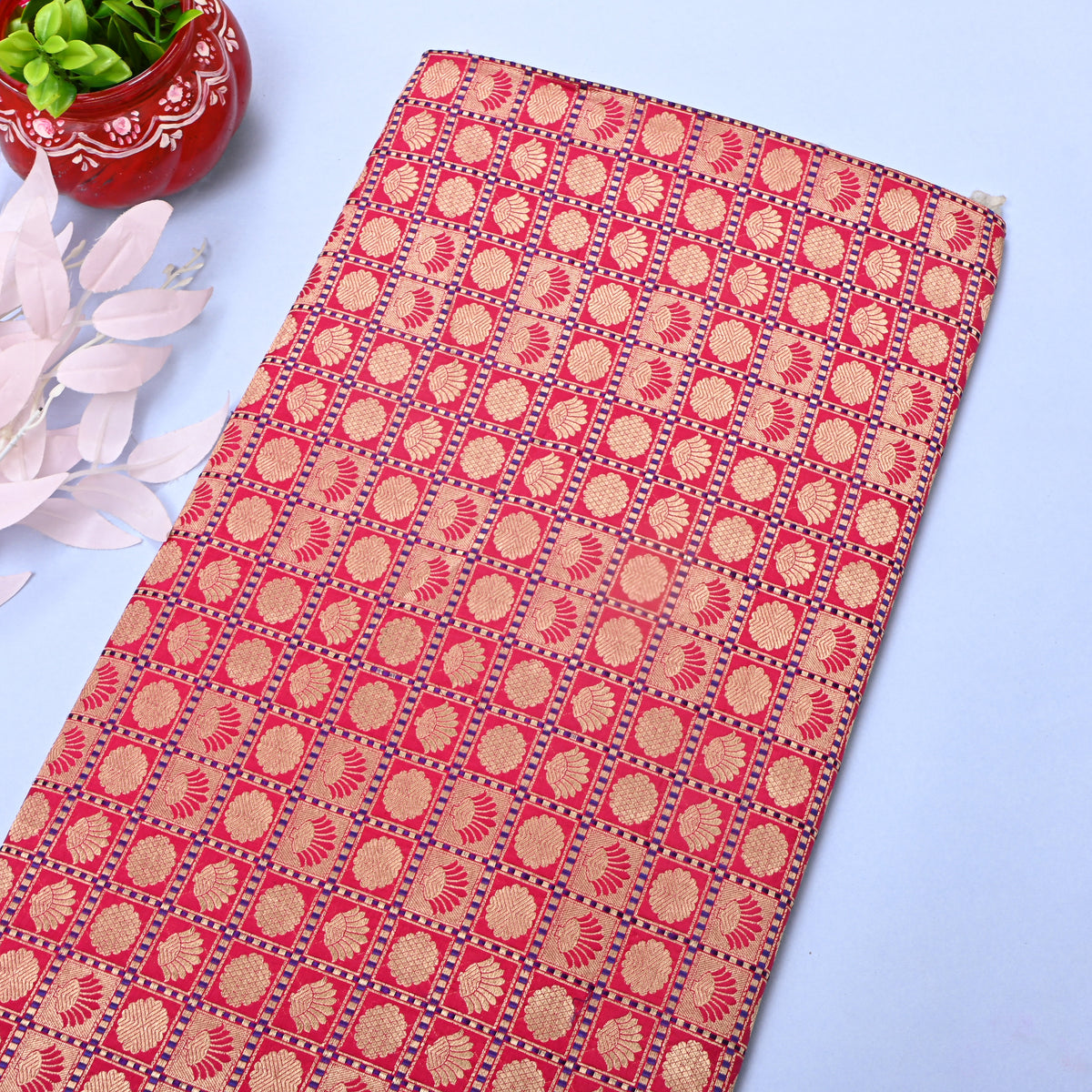 Ruby Red Gold Zari Butti Checks Self Weave Jamawar Silk Fabric