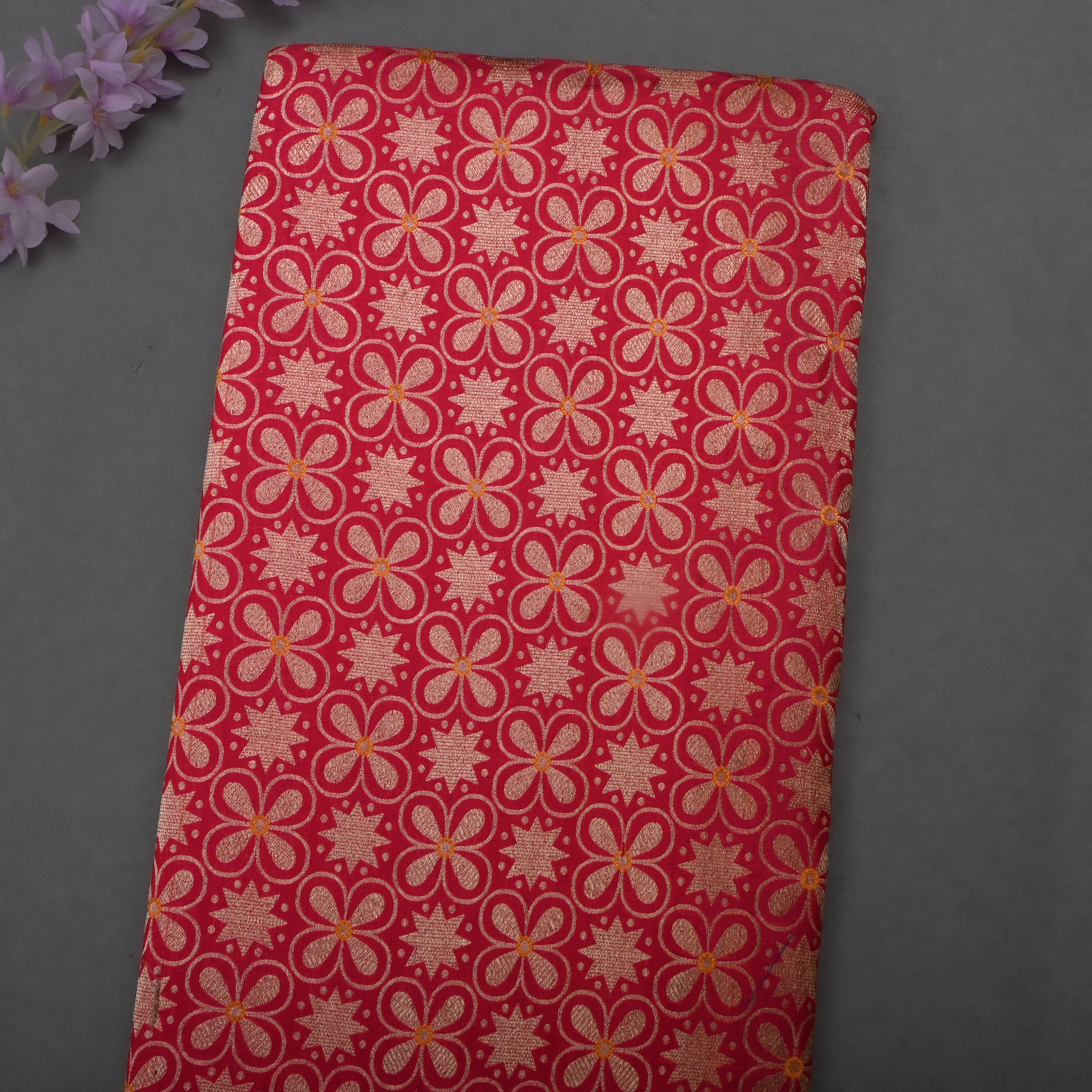 Red Silk Fabric With Floral Motifs