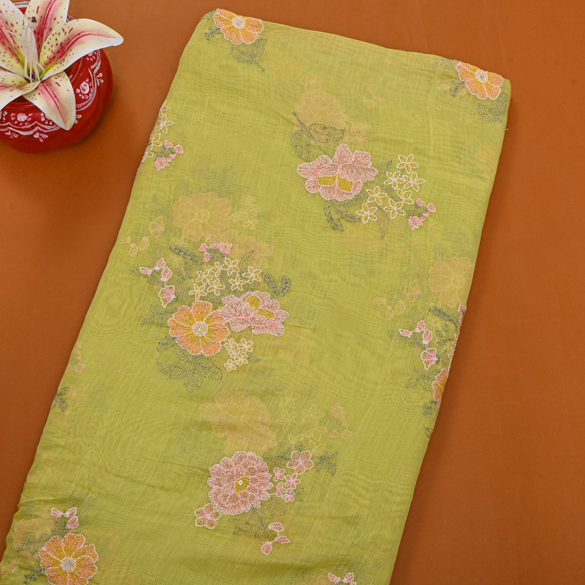 Olive Green Thread Work Floral Chanderi Fabric