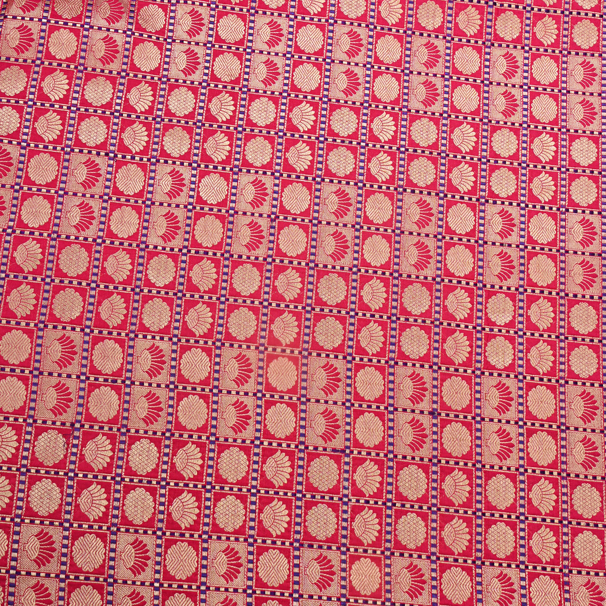 Ruby Red Gold Zari Butti Checks Self Weave Jamawar Silk Fabric