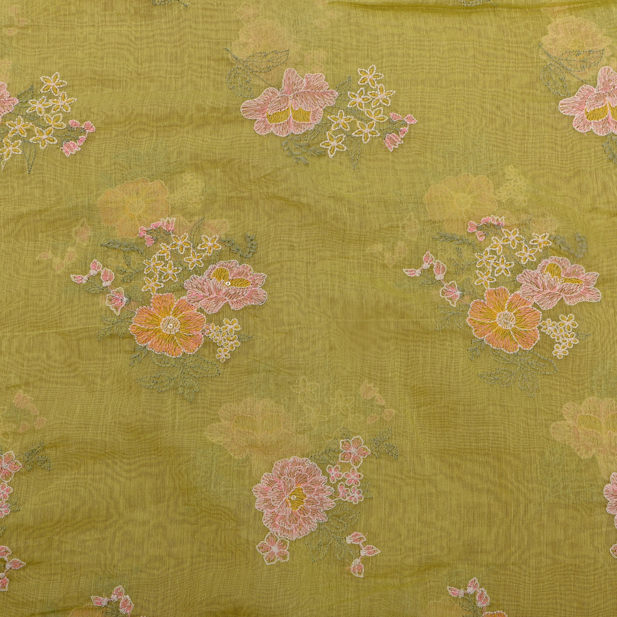 Olive Green Thread Work Floral Chanderi Fabric