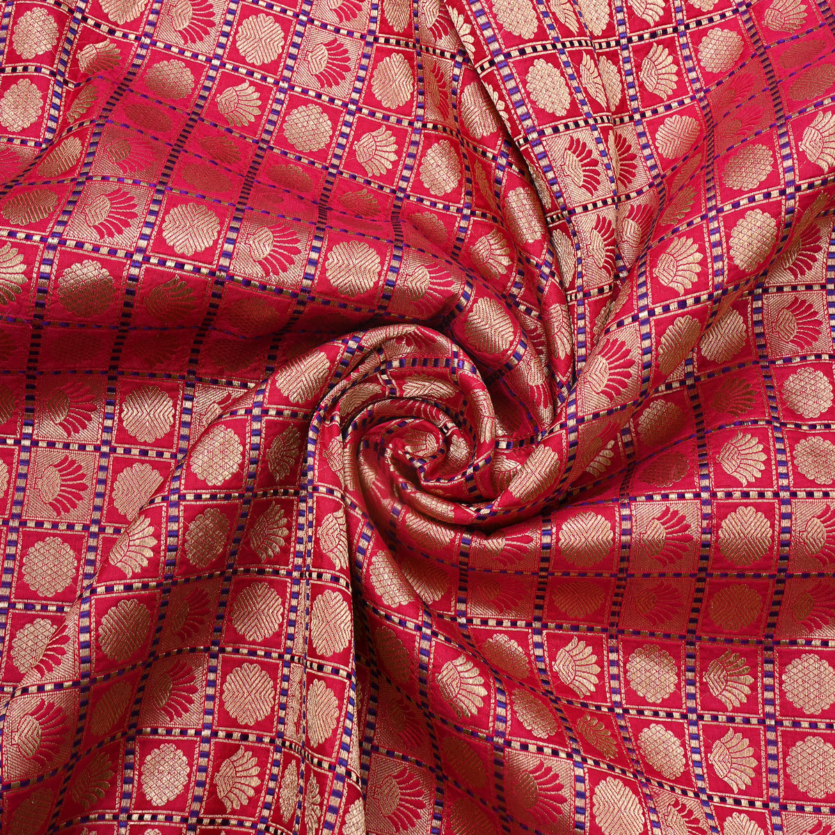 Ruby Red Gold Zari Butti Checks Self Weave Jamawar Silk Fabric