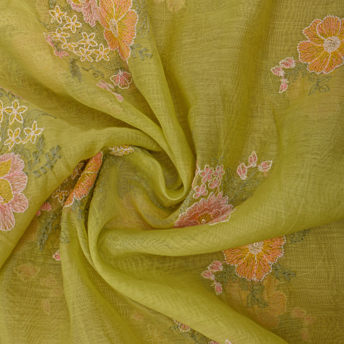 Olive Green Thread Work Floral Chanderi Fabric