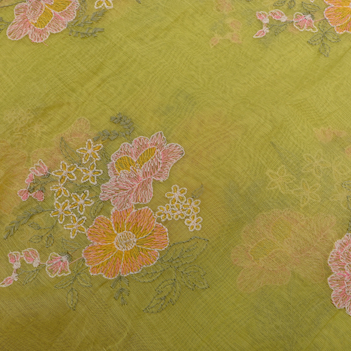 Olive Green Thread Work Floral Chanderi Fabric