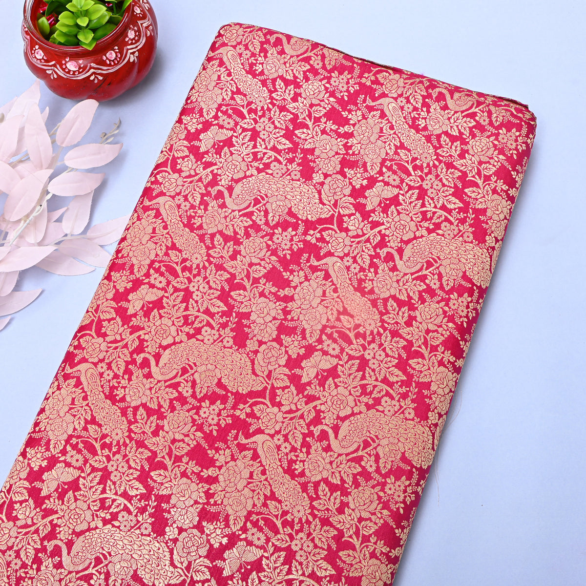 Rani Pink Gold Zari Peacock Floral Jamawar Silk Fabric