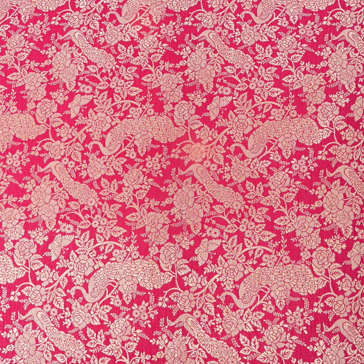 Rani Pink Gold Zari Peacock Floral Jamawar Silk Fabric