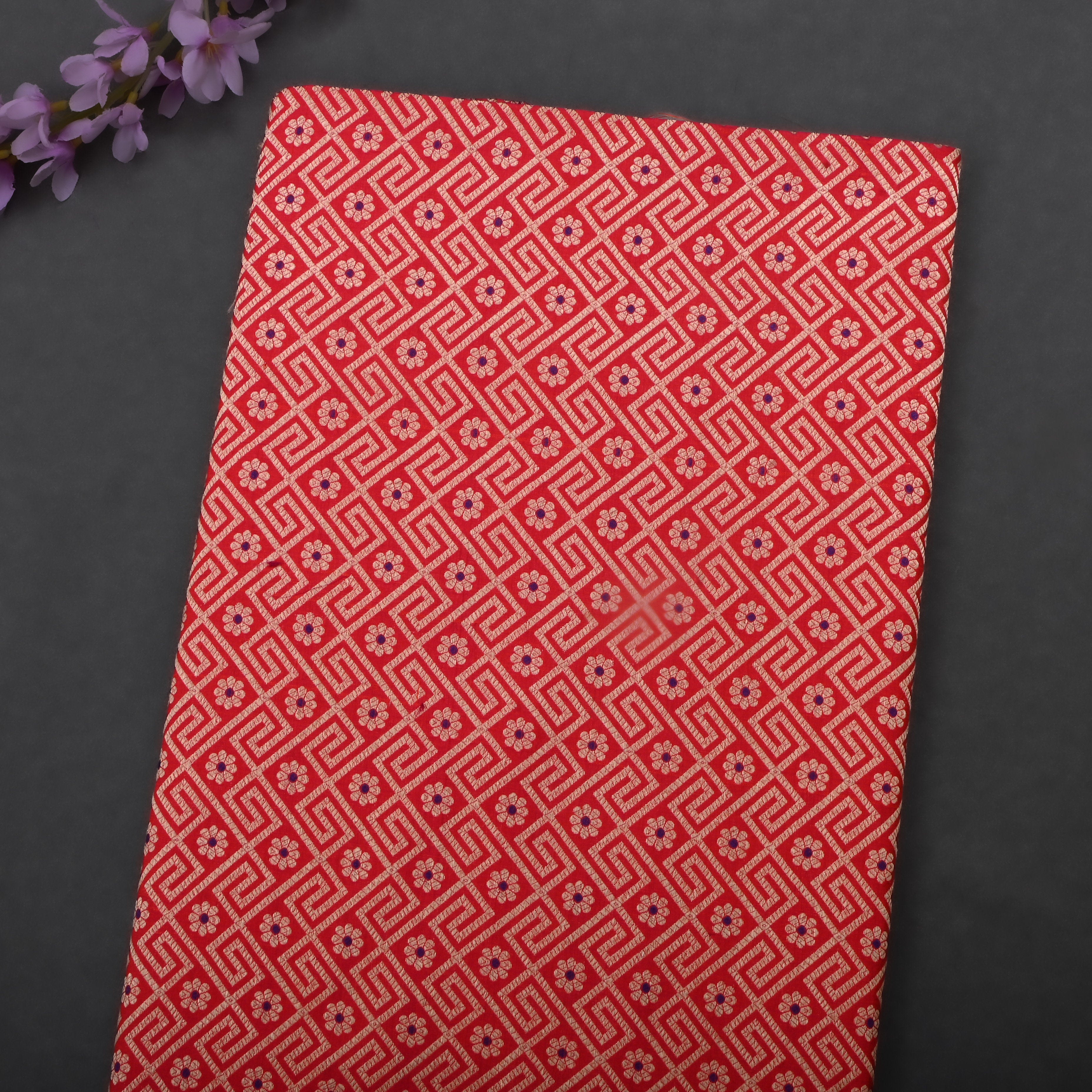 Red Jamawar Silk Fabric With Woven Patterns