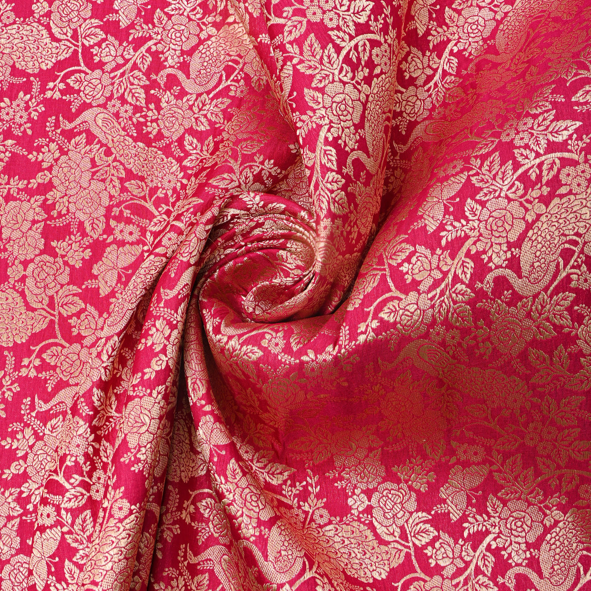 Rani Pink Gold Zari Peacock Floral Jamawar Silk Fabric