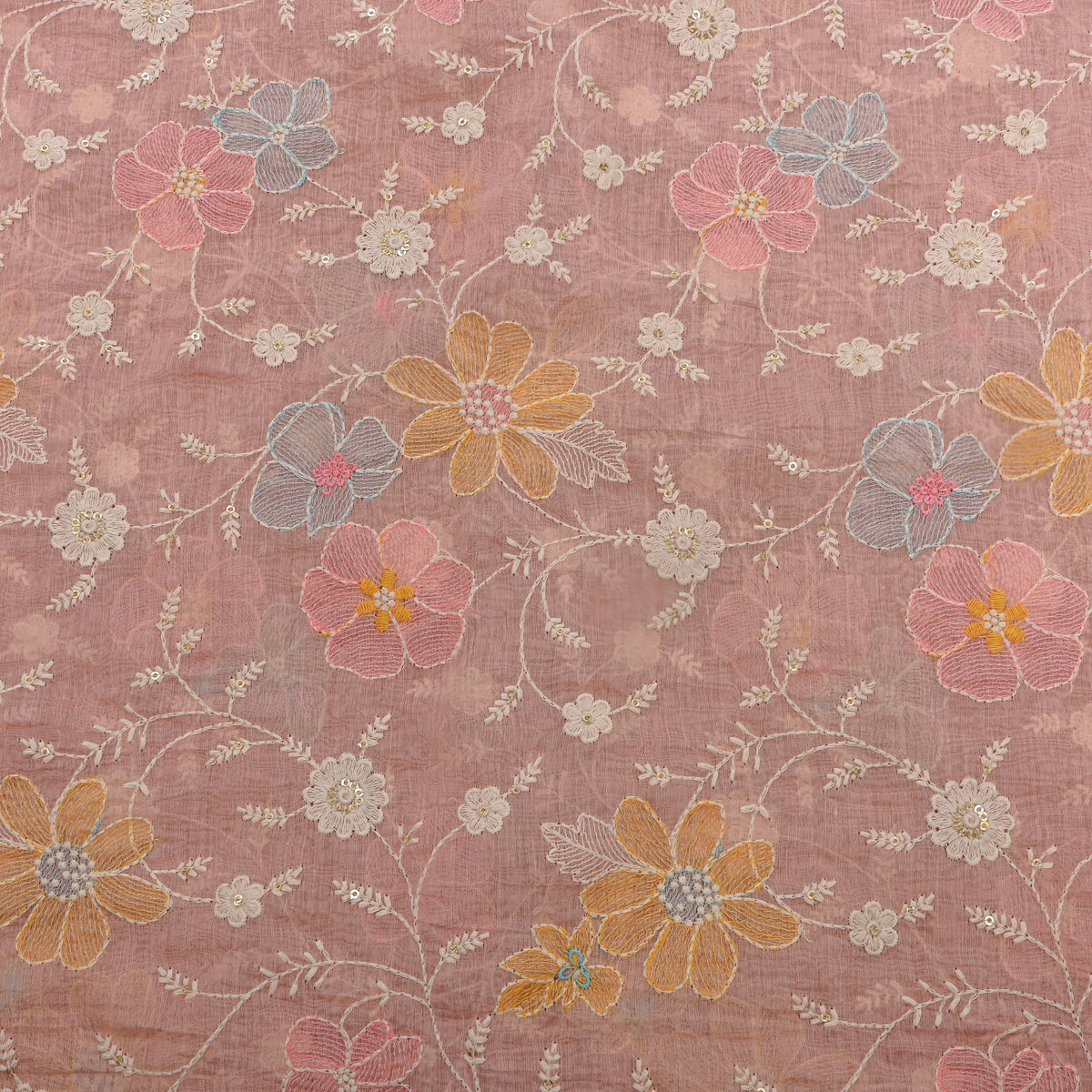 Bright Pink Colourful Floral Jaal Thread Work Chanderi Fabric