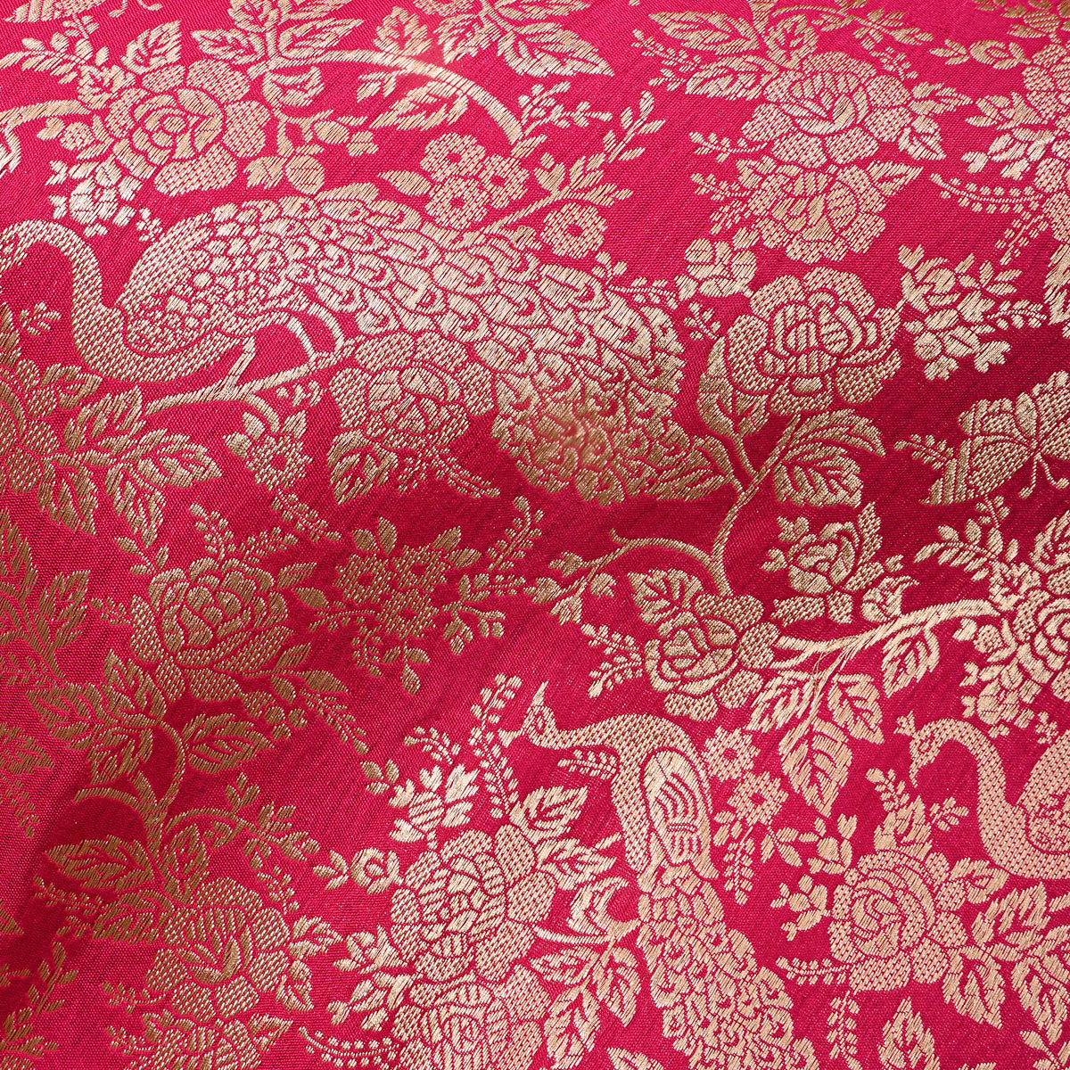 Rani Pink Gold Zari Peacock Floral Jamawar Silk Fabric