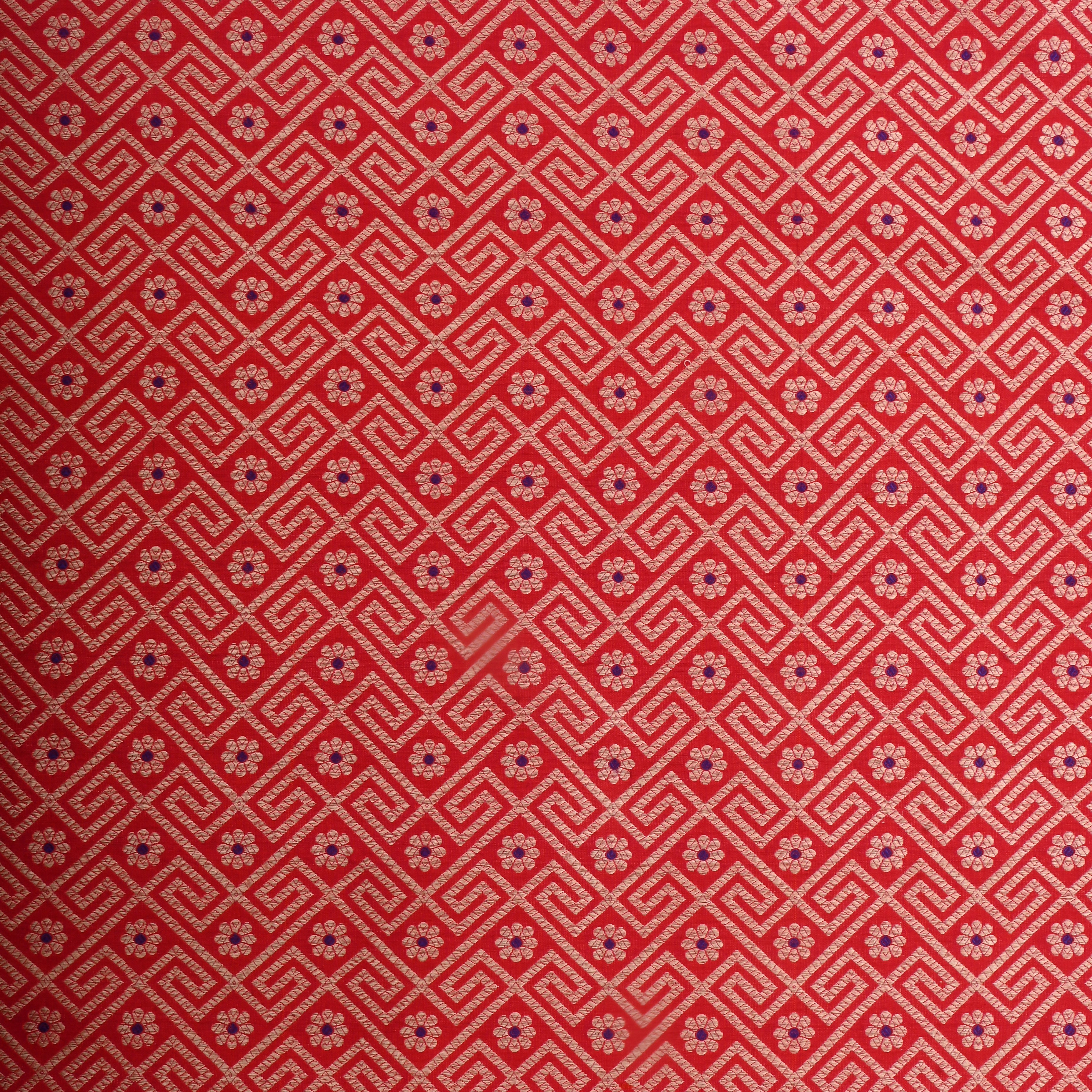 Red Jamawar Silk Fabric With Woven Patterns