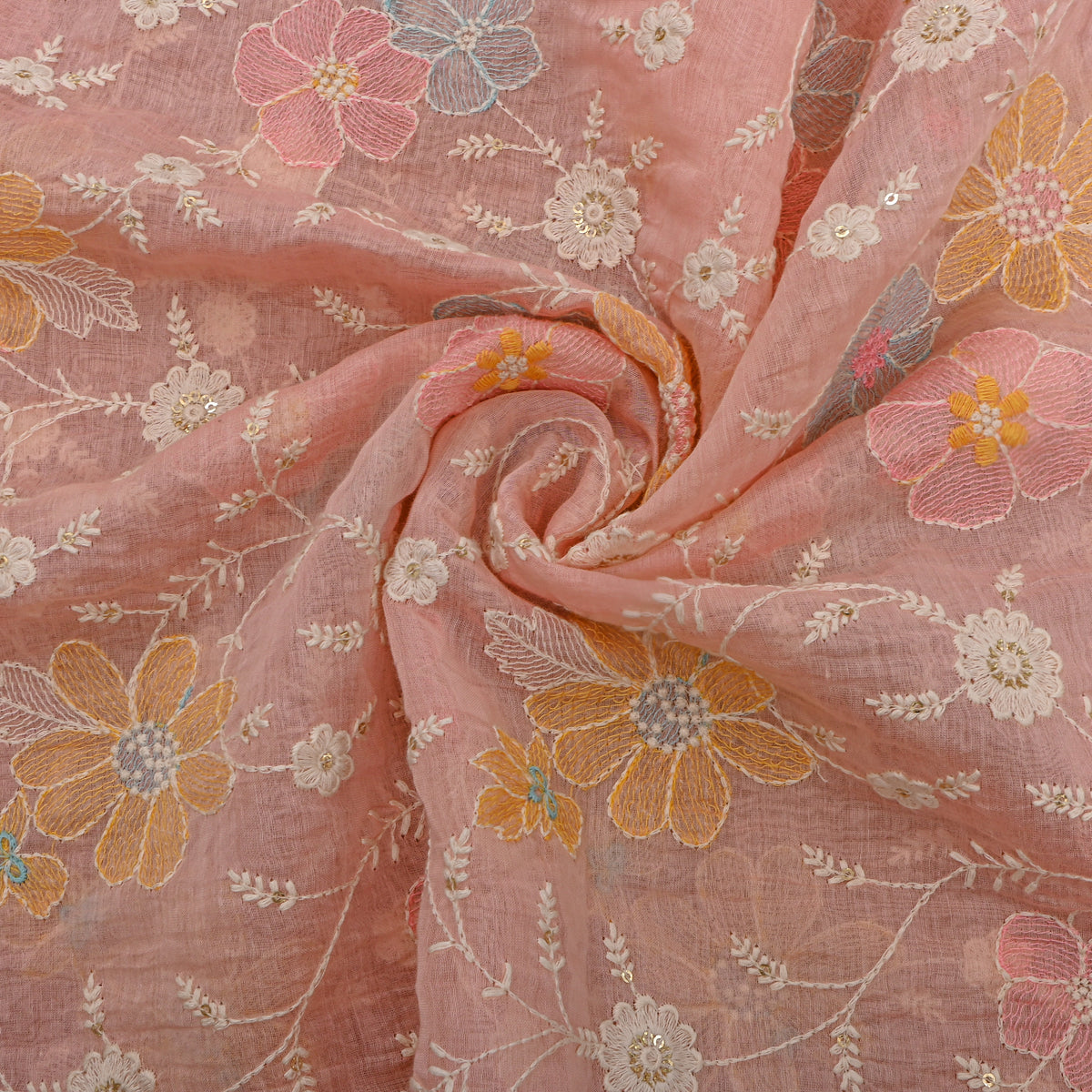 Bright Pink Colourful Floral Jaal Thread Work Chanderi Fabric
