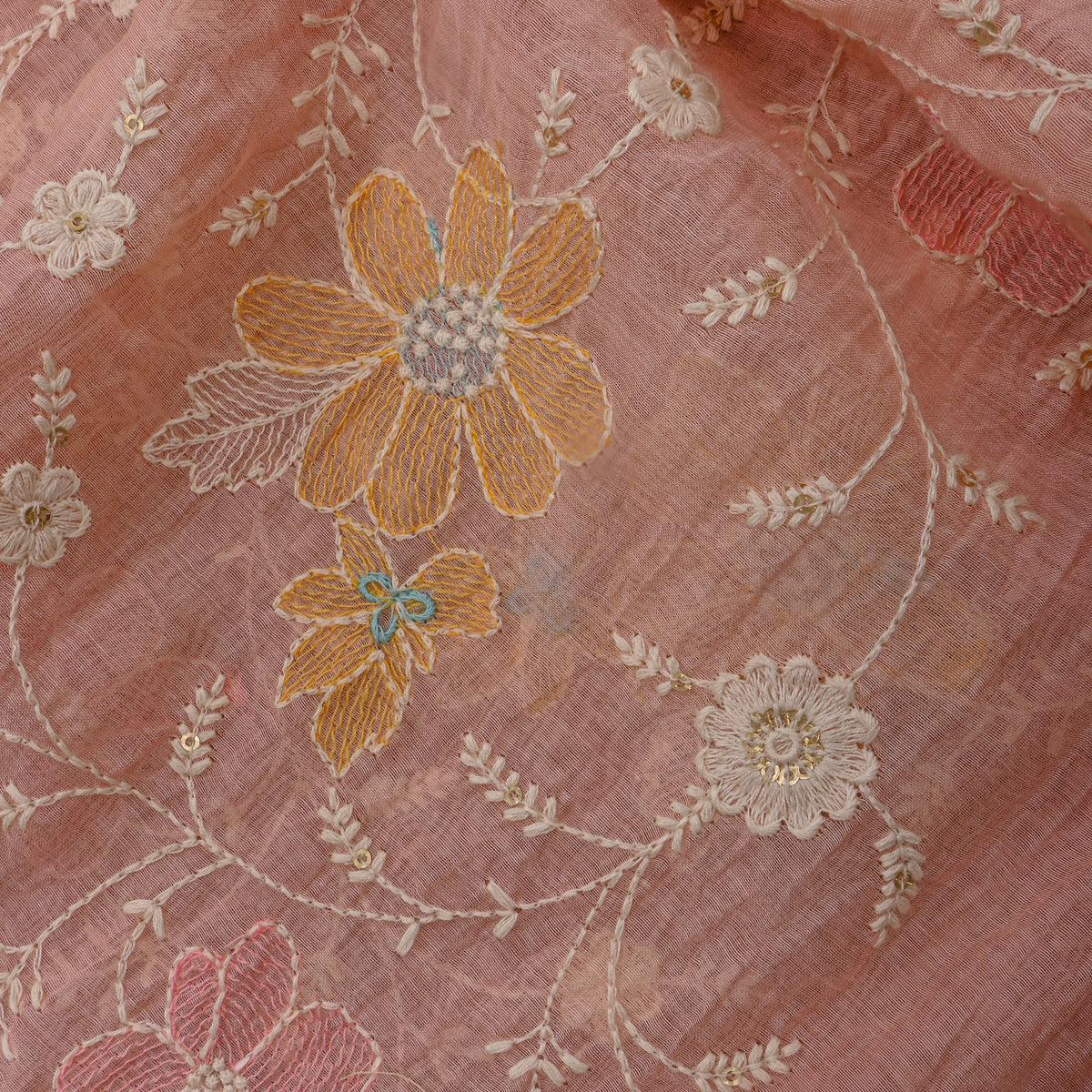 Bright Pink Colourful Floral Jaal Thread Work Chanderi Fabric
