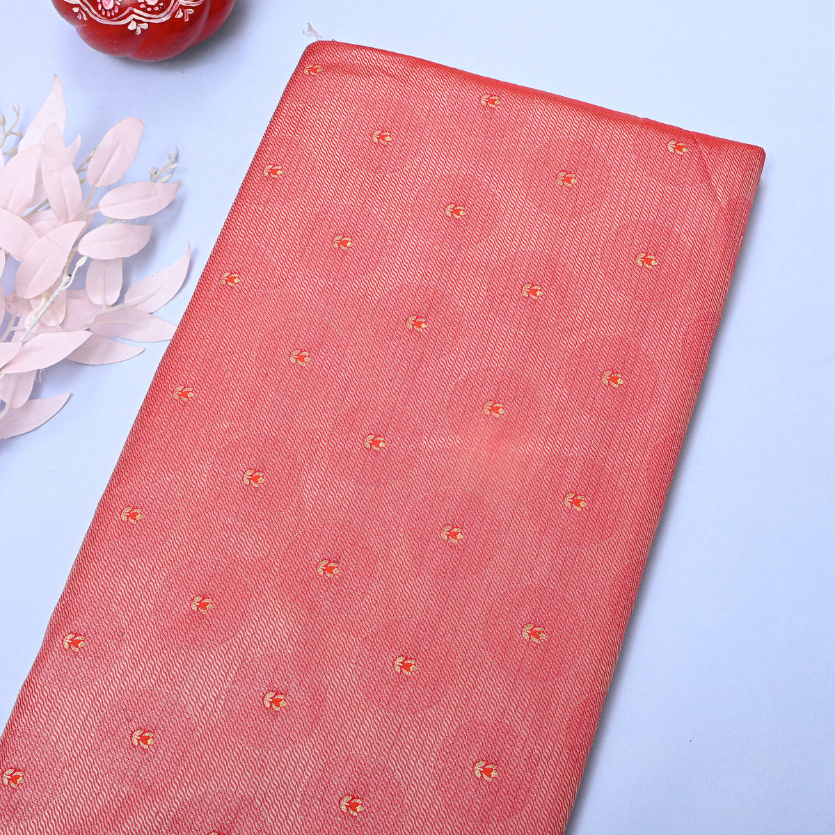Salmon Pink Gold Tulip Butti Self Weave Banarasi Silk Fabric