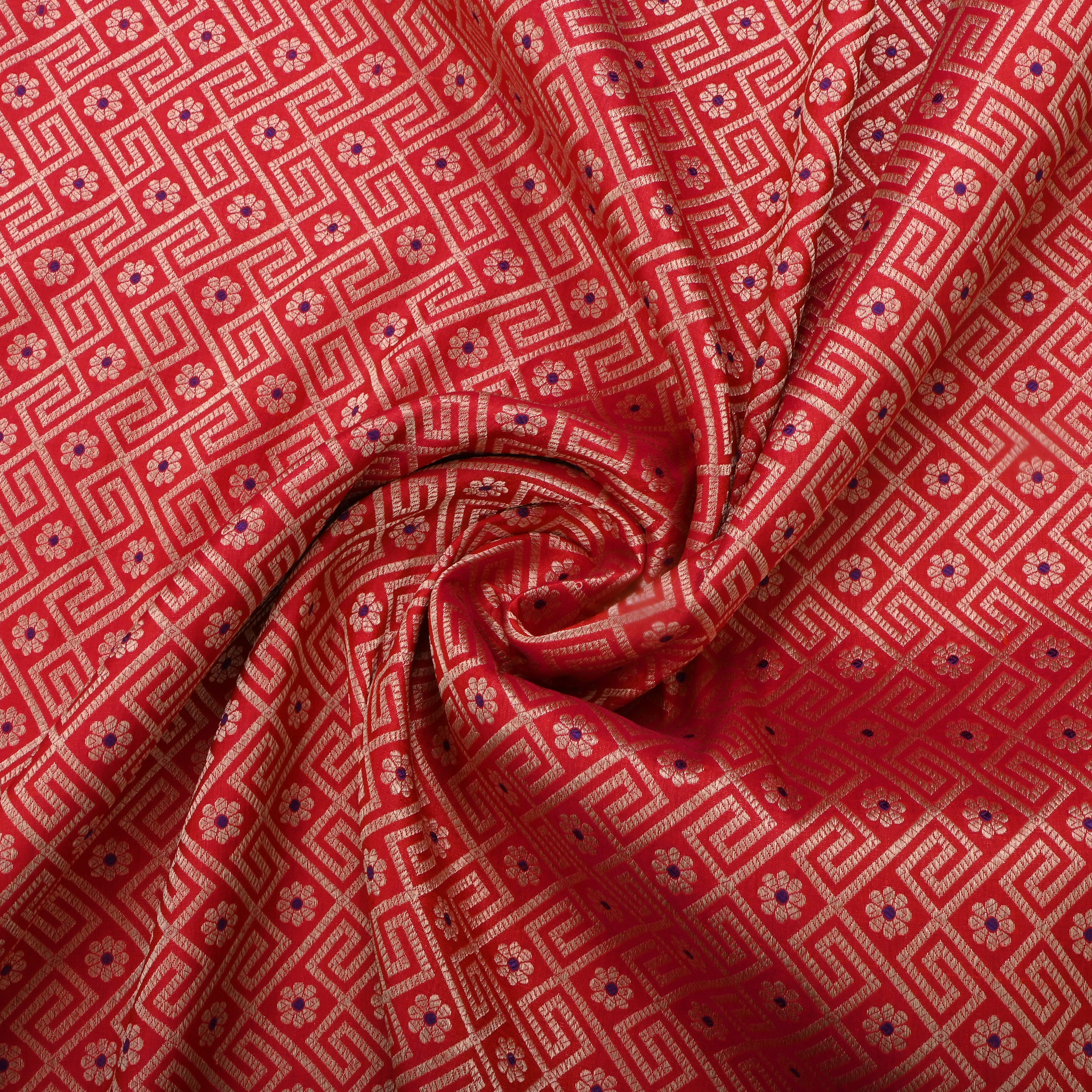 Red Jamawar Silk Fabric With Woven Patterns