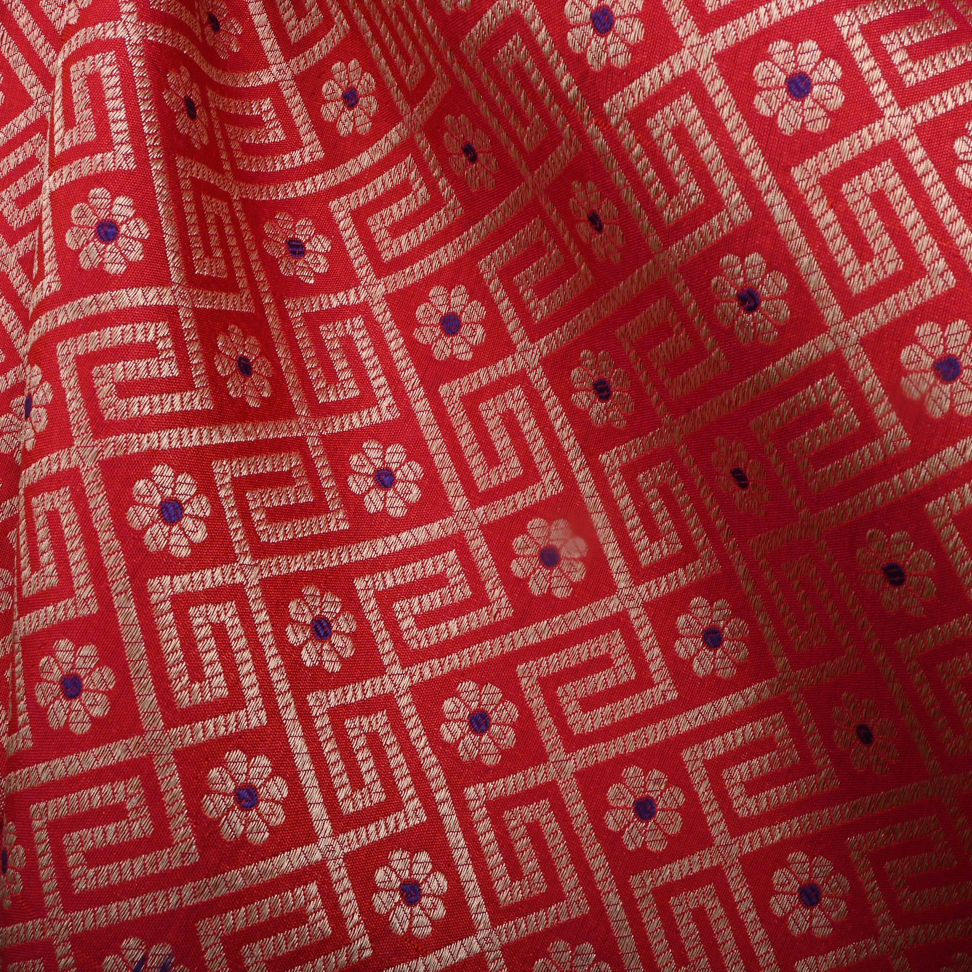 Red Jamawar Silk Fabric With Woven Patterns